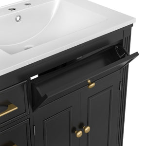 English Elm Video 36 Inch Bathroom Vanity with Ceramic Sink Soft Close Drawers Acacia Legs Gray Black N759S284623B