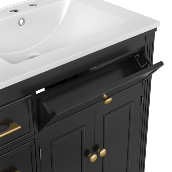 English Elm Video 36 Inch Bathroom Vanity with Ceramic Sink Soft Close Drawers Acacia Legs Gray Black N759S284623B