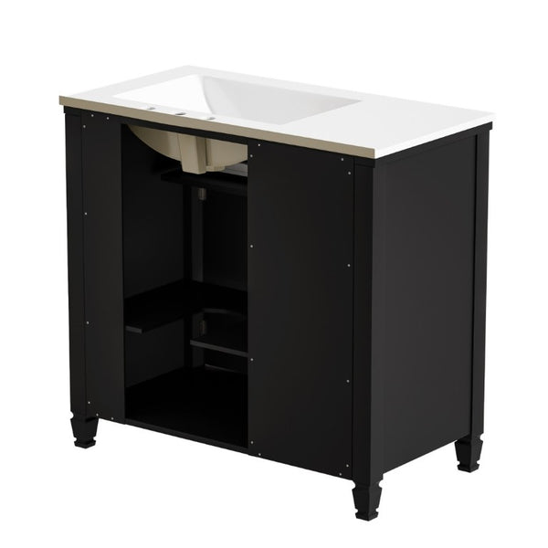 English Elm Video 36 Inch Bathroom Vanity with Ceramic Sink Soft Close Drawers Acacia Legs Gray Black N759S284623B