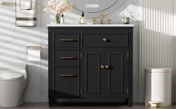 English Elm Video 36 Inch Bathroom Vanity with Ceramic Sink Soft Close Drawers Acacia Legs Gray Black N759S284623B