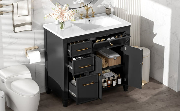 English Elm Video 36 Inch Bathroom Vanity with Ceramic Sink Soft Close Drawers Acacia Legs Gray Black N759S284623B