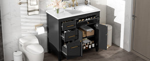 English Elm Video 36 Inch Bathroom Vanity with Ceramic Sink Soft Close Drawers Acacia Legs Gray Black N759S284623B
