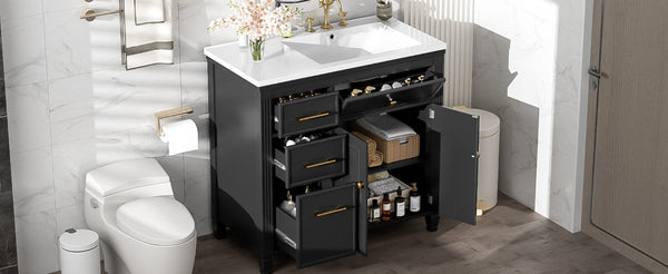 English Elm Video 36 Inch Bathroom Vanity with Ceramic Sink Soft Close Drawers Acacia Legs Gray Black N759S284623B