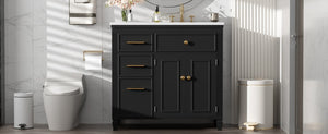English Elm Video 36 Inch Bathroom Vanity with Ceramic Sink Soft Close Drawers Acacia Legs Gray Black N759S284623B