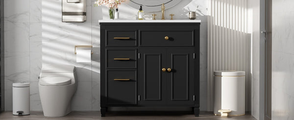 English Elm Video 36 Inch Bathroom Vanity with Ceramic Sink Soft Close Drawers Acacia Legs Gray Black N759S284623B