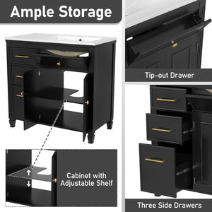 English Elm Video 36 Inch Bathroom Vanity with Ceramic Sink Soft Close Drawers Acacia Legs Gray Black N759S284623B