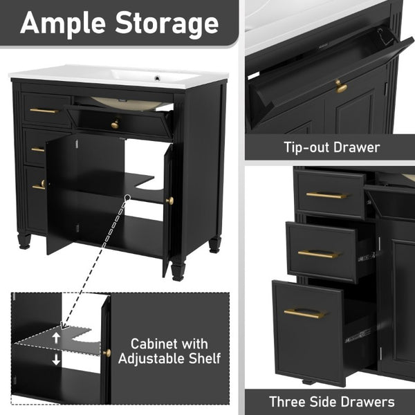 English Elm Video 36 Inch Bathroom Vanity with Ceramic Sink Soft Close Drawers Acacia Legs Gray Black N759S284623B