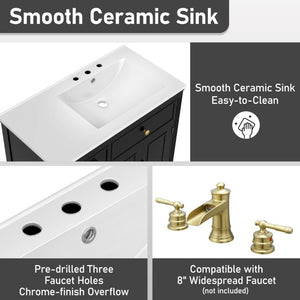 English Elm Video 36 Inch Bathroom Vanity with Ceramic Sink Soft Close Drawers Acacia Legs Gray Black N759S284623B
