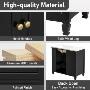 English Elm Video 36 Inch Bathroom Vanity with Ceramic Sink Soft Close Drawers Acacia Legs Gray Black N759S284623B