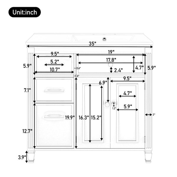 English Elm Video 36 Inch Bathroom Vanity with Ceramic Sink Soft Close Drawers Acacia Legs Gray Black N759S284623B