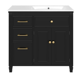 English Elm Video 36 Inch Bathroom Vanity with Ceramic Sink Soft Close Drawers Acacia Legs Gray Black N759S284623B