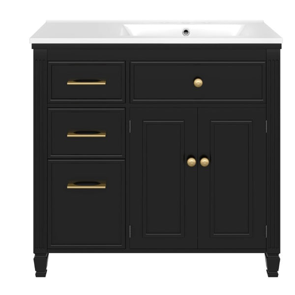 English Elm Video 36 Inch Bathroom Vanity with Ceramic Sink Soft Close Drawers Acacia Legs Gray Black N759S284623B