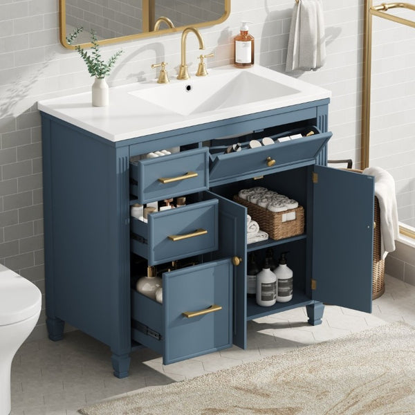 English Elm Video 36 Inch Bathroom Vanity with Ceramic Sink Soft Close Drawers Acacia Legs Gray Blue Gray N759S284623C