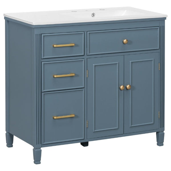 English Elm Video 36 Inch Bathroom Vanity with Ceramic Sink Soft Close Drawers Acacia Legs Gray Blue Gray N759S284623C