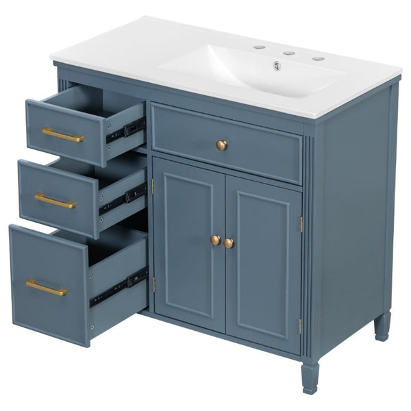 English Elm Video 36 Inch Bathroom Vanity with Ceramic Sink Soft Close Drawers Acacia Legs Gray Blue Gray N759S284623C