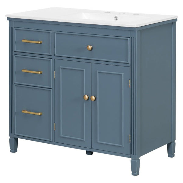English Elm Video 36 Inch Bathroom Vanity with Ceramic Sink Soft Close Drawers Acacia Legs Gray Blue Gray N759S284623C