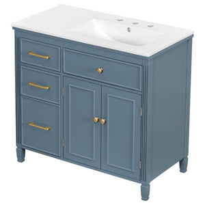English Elm Video 36 Inch Bathroom Vanity with Ceramic Sink Soft Close Drawers Acacia Legs Gray Blue Gray N759S284623C
