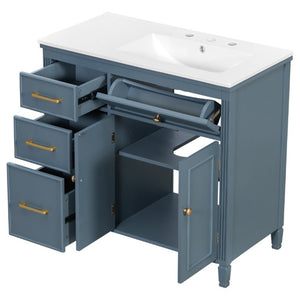 English Elm Video 36 Inch Bathroom Vanity with Ceramic Sink Soft Close Drawers Acacia Legs Gray Blue Gray N759S284623C