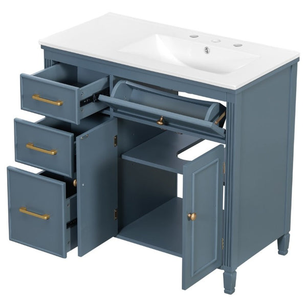 English Elm Video 36 Inch Bathroom Vanity with Ceramic Sink Soft Close Drawers Acacia Legs Gray Blue Gray N759S284623C
