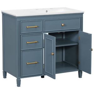 English Elm Video 36 Inch Bathroom Vanity with Ceramic Sink Soft Close Drawers Acacia Legs Gray Blue Gray N759S284623C
