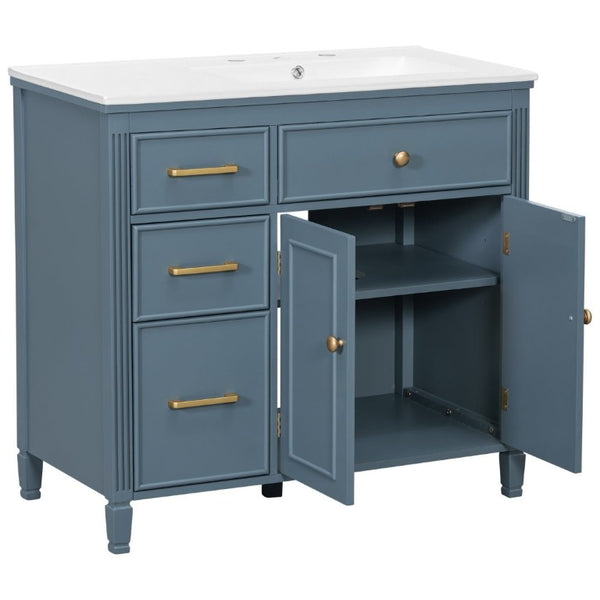 English Elm Video 36 Inch Bathroom Vanity with Ceramic Sink Soft Close Drawers Acacia Legs Gray Blue Gray N759S284623C