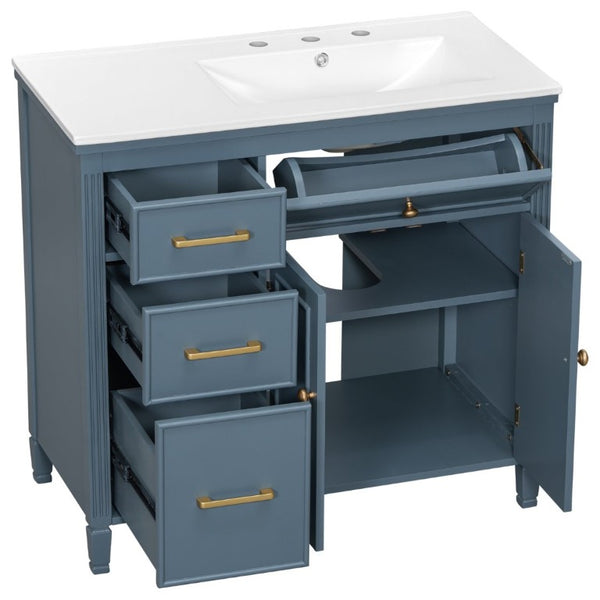 English Elm Video 36 Inch Bathroom Vanity with Ceramic Sink Soft Close Drawers Acacia Legs Gray Blue Gray N759S284623C