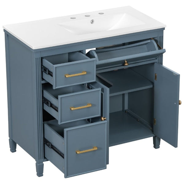 English Elm Video 36 Inch Bathroom Vanity with Ceramic Sink Soft Close Drawers Acacia Legs Gray Blue Gray N759S284623C