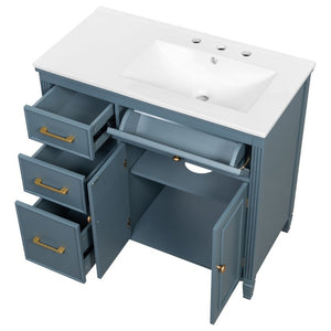 English Elm Video 36 Inch Bathroom Vanity with Ceramic Sink Soft Close Drawers Acacia Legs Gray Blue Gray N759S284623C