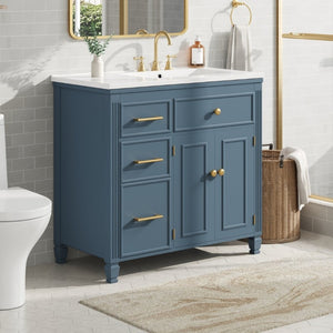English Elm Video 36 Inch Bathroom Vanity with Ceramic Sink Soft Close Drawers Acacia Legs Gray Blue Gray N759S284623C
