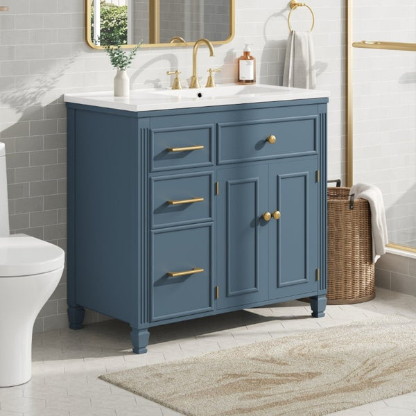 English Elm Video 36 Inch Bathroom Vanity with Ceramic Sink Soft Close Drawers Acacia Legs Gray Blue Gray N759S284623C