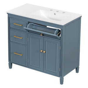 English Elm Video 36 Inch Bathroom Vanity with Ceramic Sink Soft Close Drawers Acacia Legs Gray Blue Gray N759S284623C