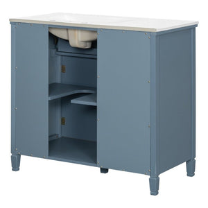 English Elm Video 36 Inch Bathroom Vanity with Ceramic Sink Soft Close Drawers Acacia Legs Gray Blue Gray N759S284623C