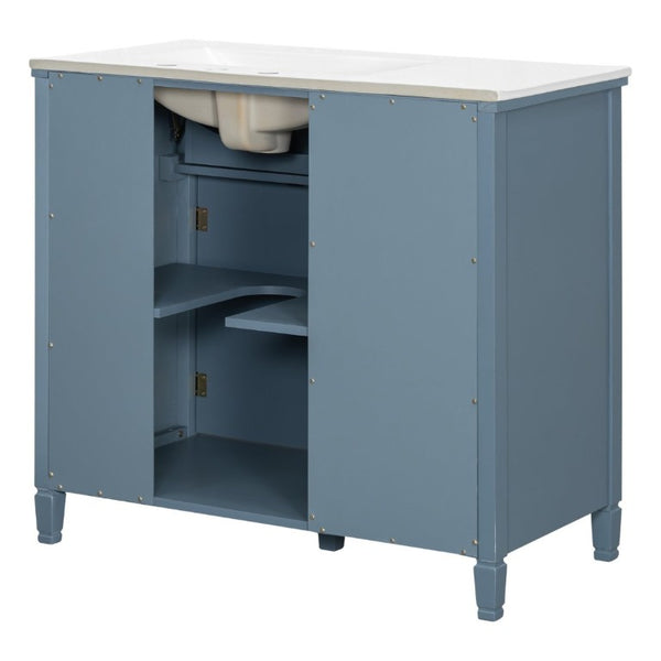 English Elm Video 36 Inch Bathroom Vanity with Ceramic Sink Soft Close Drawers Acacia Legs Gray Blue Gray N759S284623C