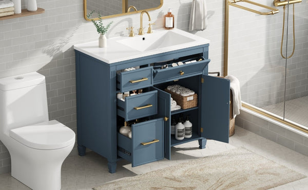 English Elm Video 36 Inch Bathroom Vanity with Ceramic Sink Soft Close Drawers Acacia Legs Gray Blue Gray N759S284623C