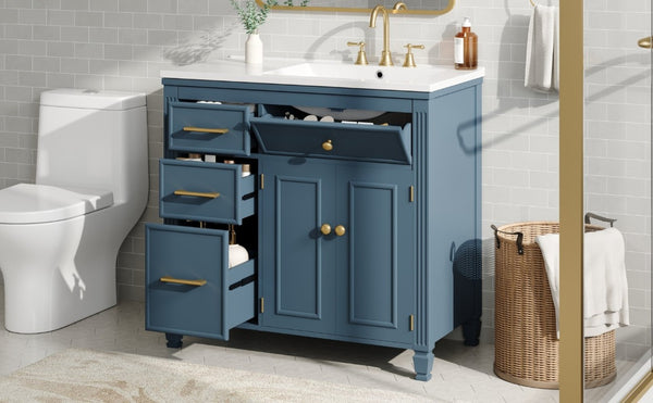 English Elm Video 36 Inch Bathroom Vanity with Ceramic Sink Soft Close Drawers Acacia Legs Gray Blue Gray N759S284623C