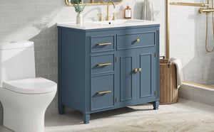 English Elm Video 36 Inch Bathroom Vanity with Ceramic Sink Soft Close Drawers Acacia Legs Gray Blue Gray N759S284623C