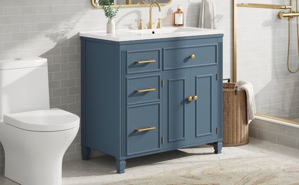English Elm Video 36 Inch Bathroom Vanity with Ceramic Sink Soft Close Drawers Acacia Legs Gray Blue Gray N759S284623C