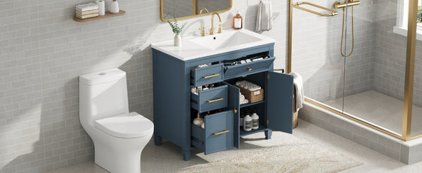 English Elm Video 36 Inch Bathroom Vanity with Ceramic Sink Soft Close Drawers Acacia Legs Gray Blue Gray N759S284623C