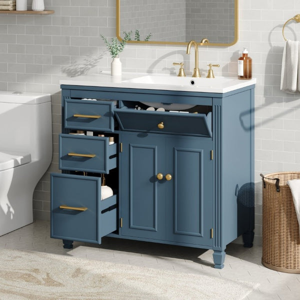 English Elm Video 36 Inch Bathroom Vanity with Ceramic Sink Soft Close Drawers Acacia Legs Gray Blue Gray N759S284623C