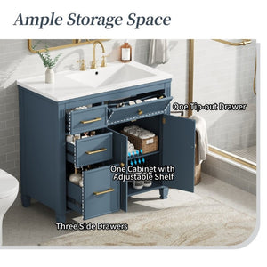 English Elm Video 36 Inch Bathroom Vanity with Ceramic Sink Soft Close Drawers Acacia Legs Gray Blue Gray N759S284623C
