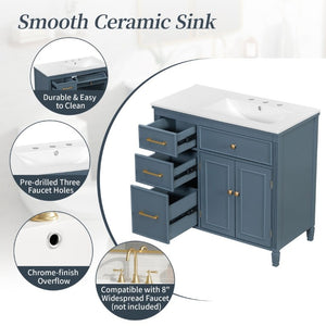 English Elm Video 36 Inch Bathroom Vanity with Ceramic Sink Soft Close Drawers Acacia Legs Gray Blue Gray N759S284623C