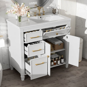 English Elm Video 36 Inch Bathroom Vanity with Ceramic Sink Soft Close Drawers Acacia Legs Gray White N759S284623K