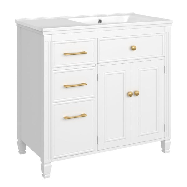 English Elm Video 36 Inch Bathroom Vanity with Ceramic Sink Soft Close Drawers Acacia Legs Gray White N759S284623K