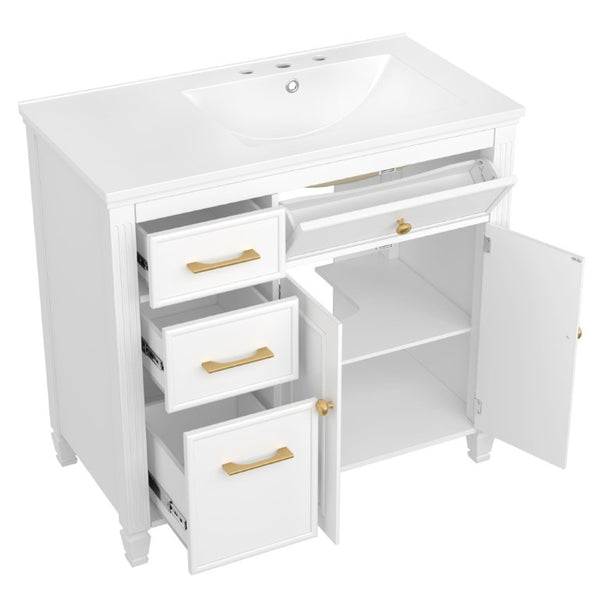 English Elm Video 36 Inch Bathroom Vanity with Ceramic Sink Soft Close Drawers Acacia Legs Gray White N759S284623K