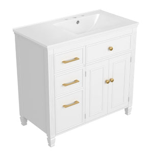 English Elm Video 36 Inch Bathroom Vanity with Ceramic Sink Soft Close Drawers Acacia Legs Gray White N759S284623K