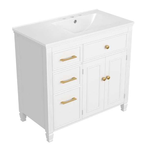 English Elm Video 36 Inch Bathroom Vanity with Ceramic Sink Soft Close Drawers Acacia Legs Gray White N759S284623K