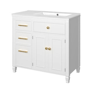 English Elm Video 36 Inch Bathroom Vanity with Ceramic Sink Soft Close Drawers Acacia Legs Gray White N759S284623K