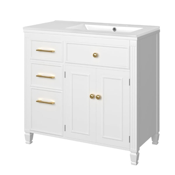 English Elm Video 36 Inch Bathroom Vanity with Ceramic Sink Soft Close Drawers Acacia Legs Gray White N759S284623K