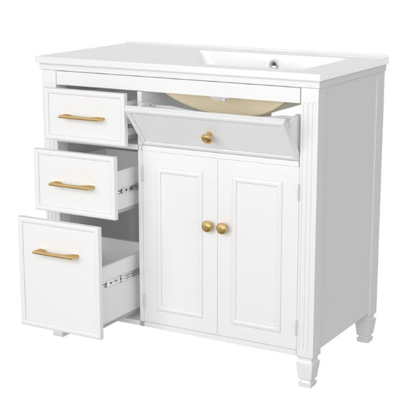 English Elm Video 36 Inch Bathroom Vanity with Ceramic Sink Soft Close Drawers Acacia Legs Gray White N759S284623K