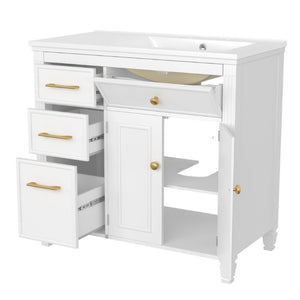 English Elm Video 36 Inch Bathroom Vanity with Ceramic Sink Soft Close Drawers Acacia Legs Gray White N759S284623K